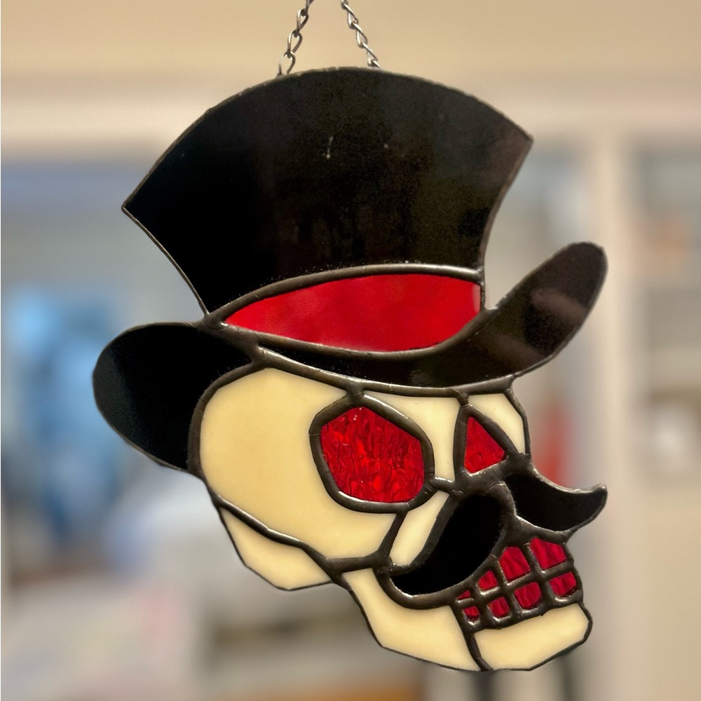 Stained Glass Skull with Top Hat and Mustache
